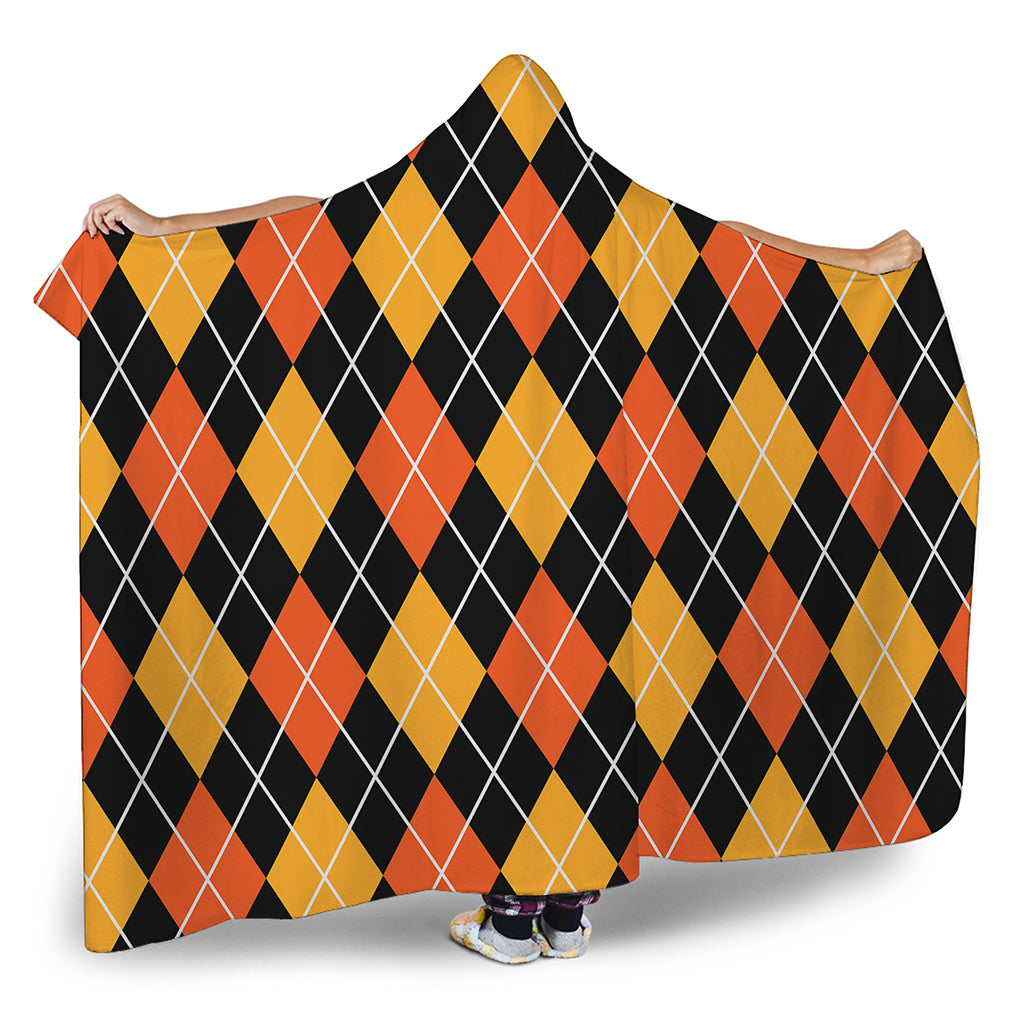 Halloween Black And Orange Argyle Print Hooded Blanket