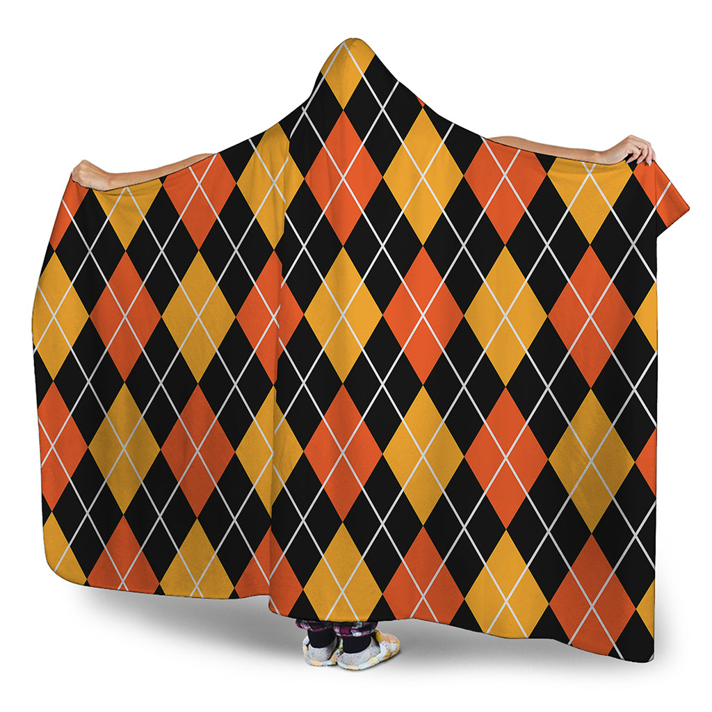 Halloween Black And Orange Argyle Print Hooded Blanket