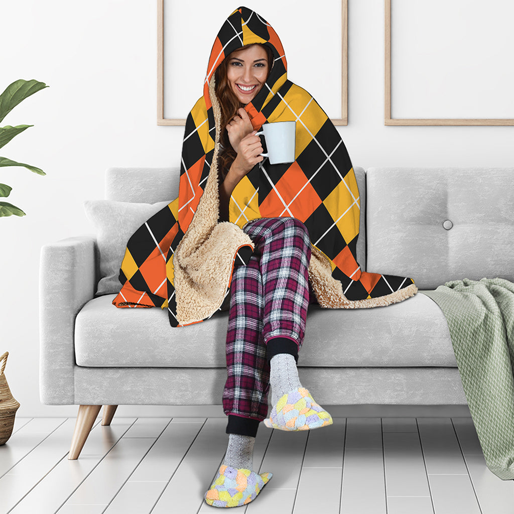 Halloween Black And Orange Argyle Print Hooded Blanket