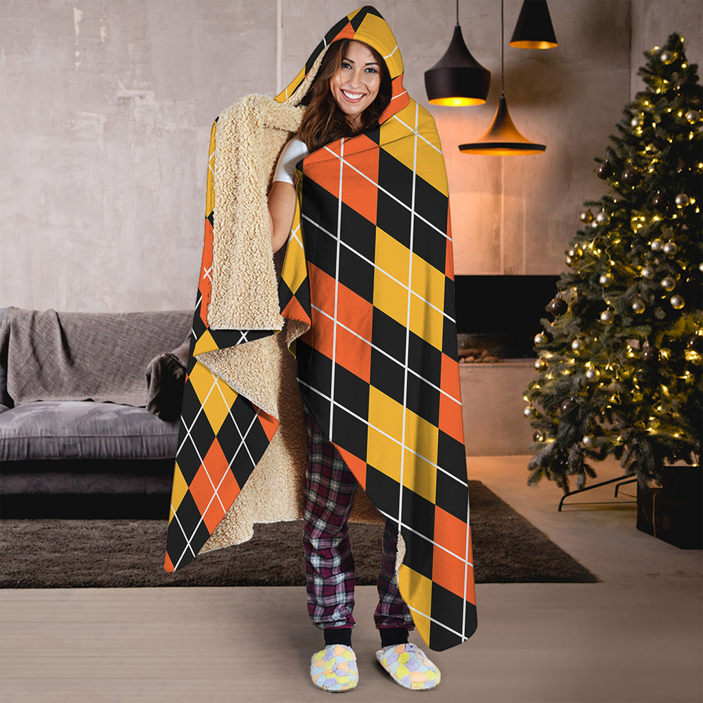 Halloween Black And Orange Argyle Print Hooded Blanket