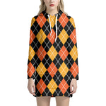 Halloween Black And Orange Argyle Print Hoodie Dress