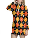 Halloween Black And Orange Argyle Print Hoodie Dress