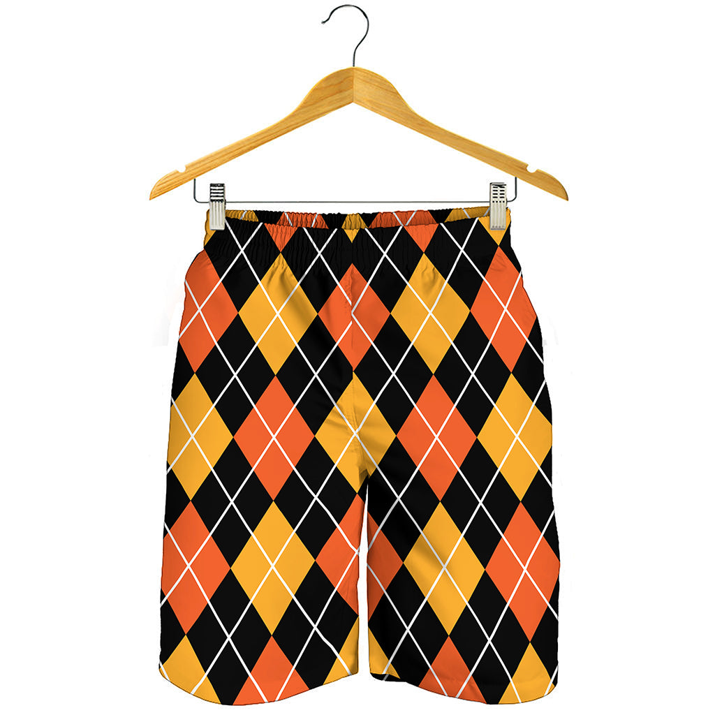 Halloween Black And Orange Argyle Print Men's Shorts