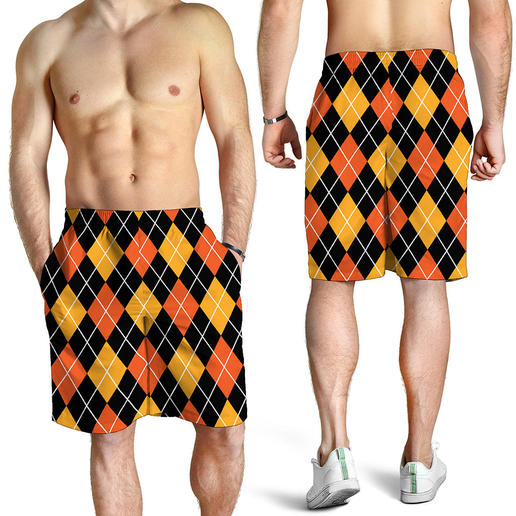 Halloween Black And Orange Argyle Print Men's Shorts