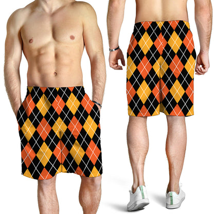 Halloween Black And Orange Argyle Print Men's Shorts