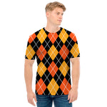 Halloween Black And Orange Argyle Print Men's T-Shirt