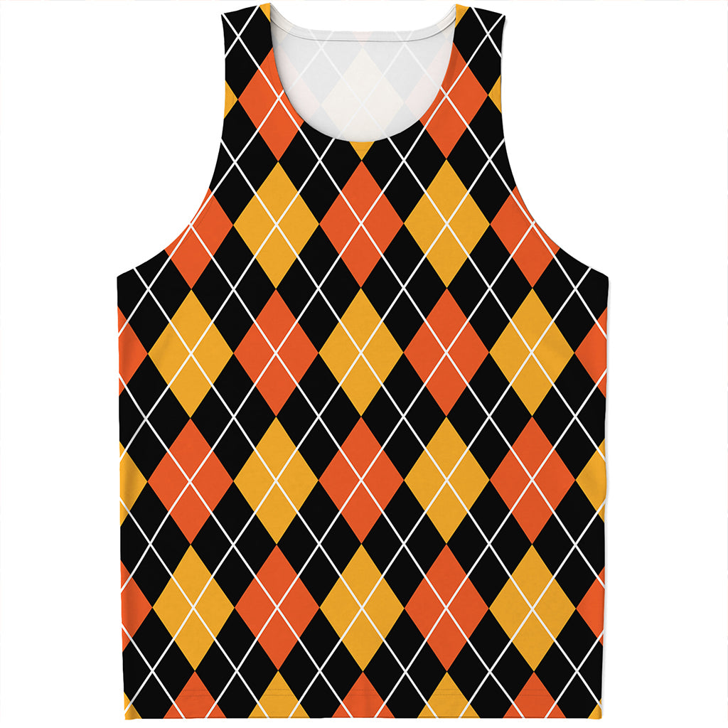 Halloween Black And Orange Argyle Print Men's Tank Top