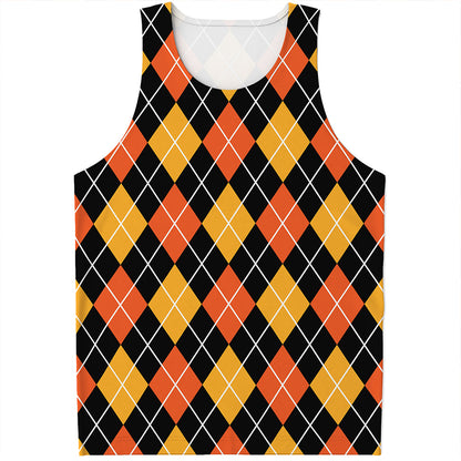 Halloween Black And Orange Argyle Print Men's Tank Top
