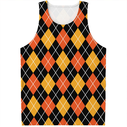 Halloween Black And Orange Argyle Print Men's Tank Top