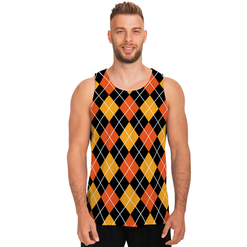 Halloween Black And Orange Argyle Print Men's Tank Top