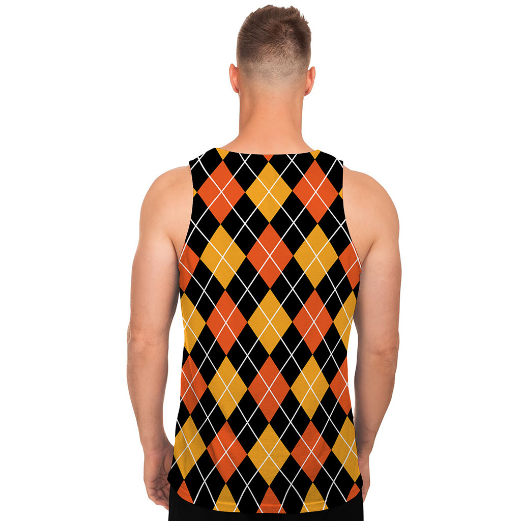 Halloween Black And Orange Argyle Print Men's Tank Top