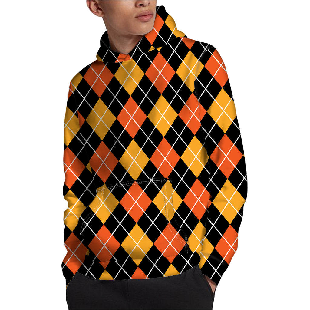 Halloween Black And Orange Argyle Print Pullover Hoodie