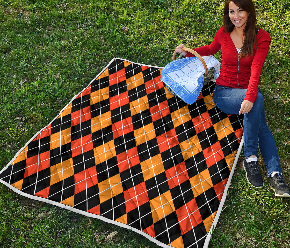 Halloween Black And Orange Argyle Print Quilt
