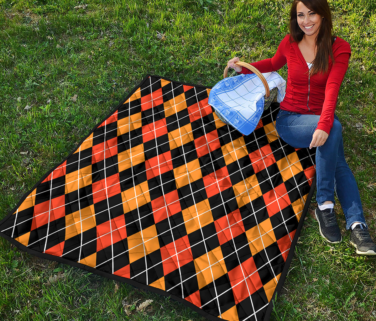 Halloween Black And Orange Argyle Print Quilt