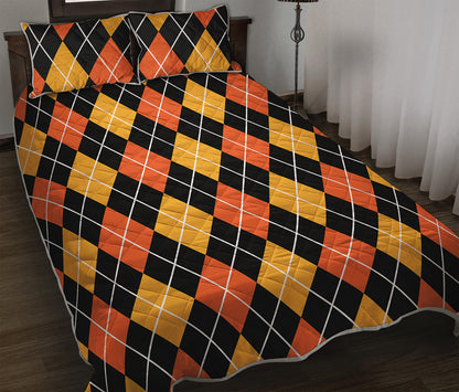 Halloween Black And Orange Argyle Print Quilt Bed Set