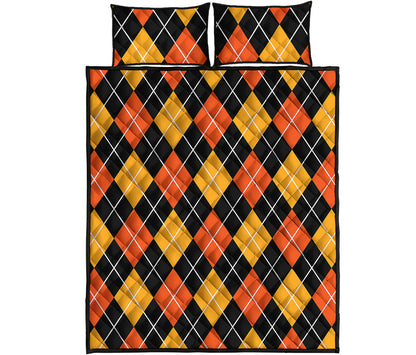 Halloween Black And Orange Argyle Print Quilt Bed Set