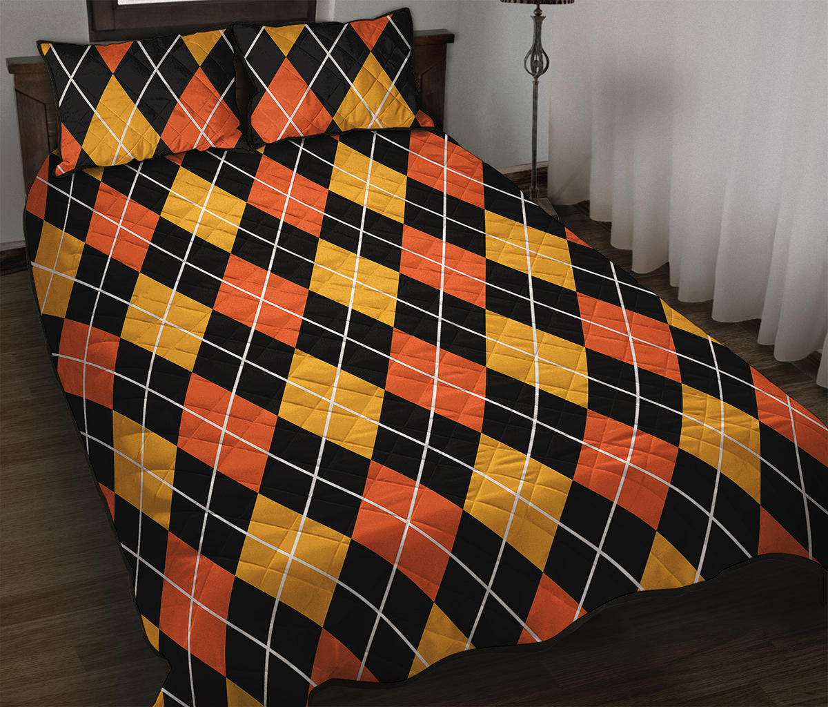 Halloween Black And Orange Argyle Print Quilt Bed Set