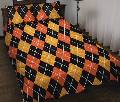 Halloween Black And Orange Argyle Print Quilt Bed Set