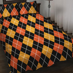 Halloween Black And Orange Argyle Print Quilt Bed Set