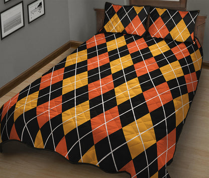 Halloween Black And Orange Argyle Print Quilt Bed Set