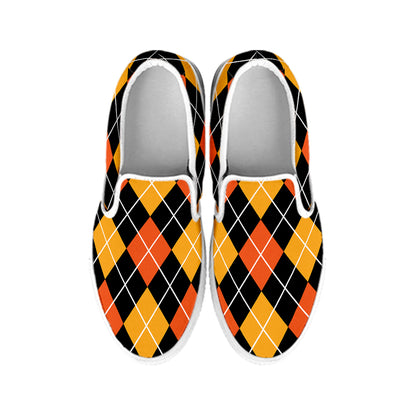 Halloween Black And Orange Argyle Print White Slip On Shoes
