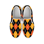 Halloween Black And Orange Argyle Print White Slip On Shoes