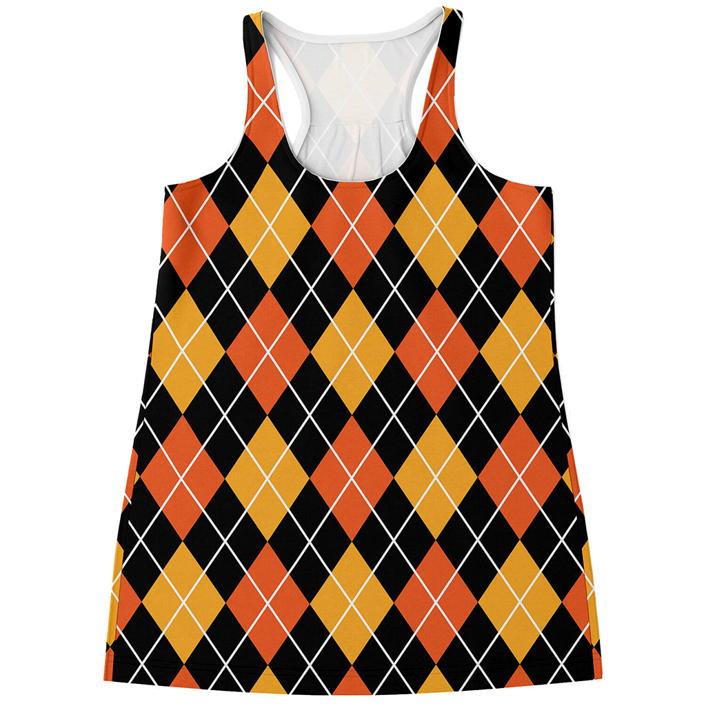 Halloween Black And Orange Argyle Print Women's Racerback Tank Top