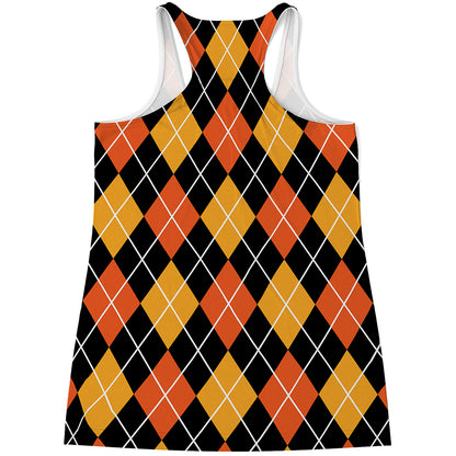 Halloween Black And Orange Argyle Print Women's Racerback Tank Top