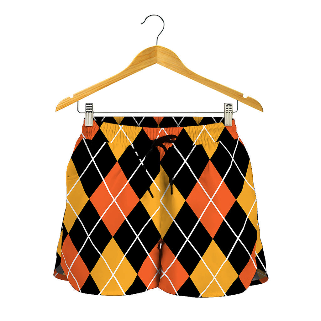 Halloween Black And Orange Argyle Print Women's Shorts