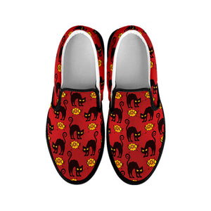 Halloween Black Cat Pattern Print Black Slip On Shoes