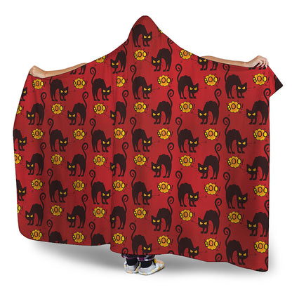 Halloween Black Cat Pattern Print Hooded Blanket
