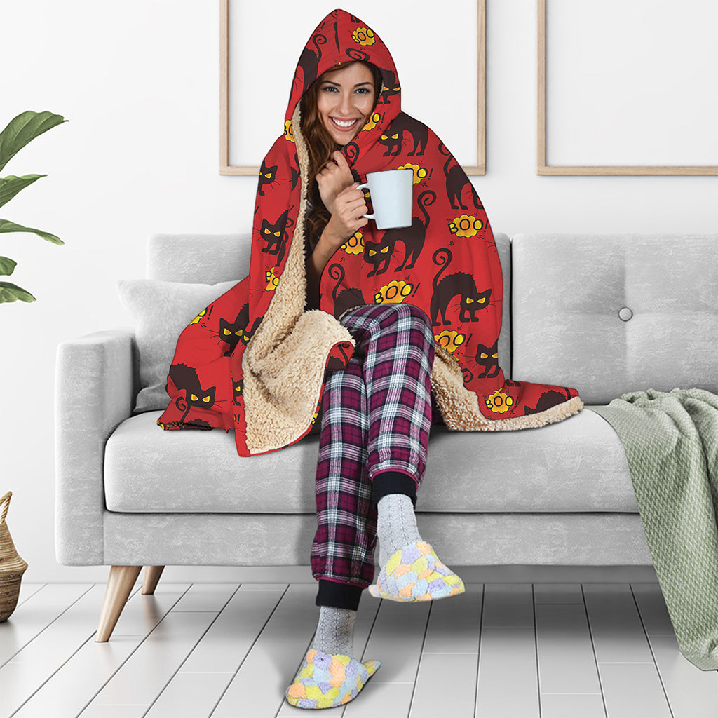 Halloween Black Cat Pattern Print Hooded Blanket