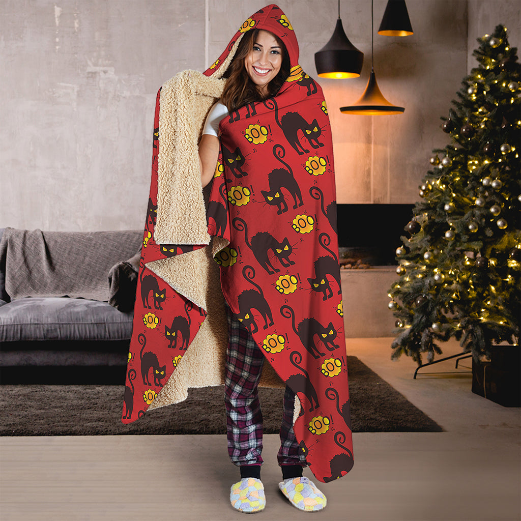 Halloween Black Cat Pattern Print Hooded Blanket