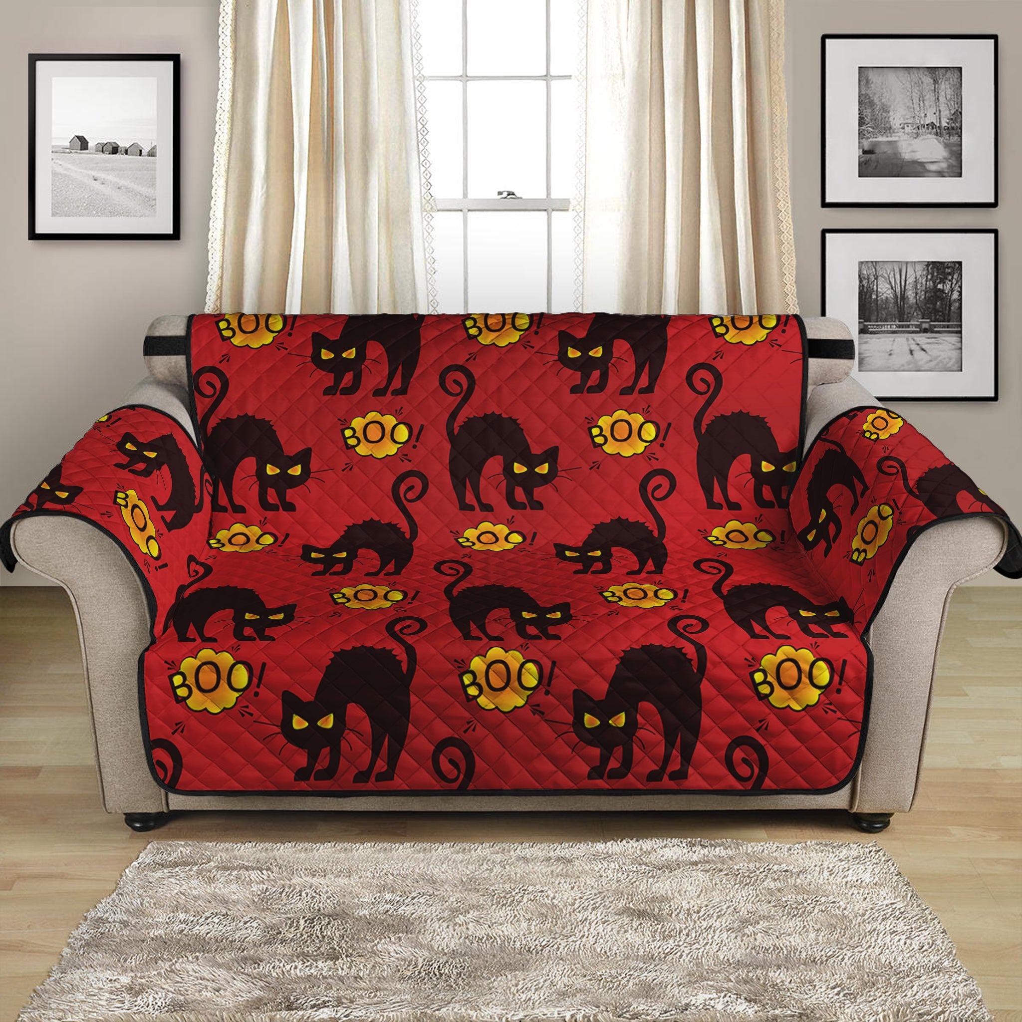 Halloween Black Cat Pattern Print Loveseat Protector