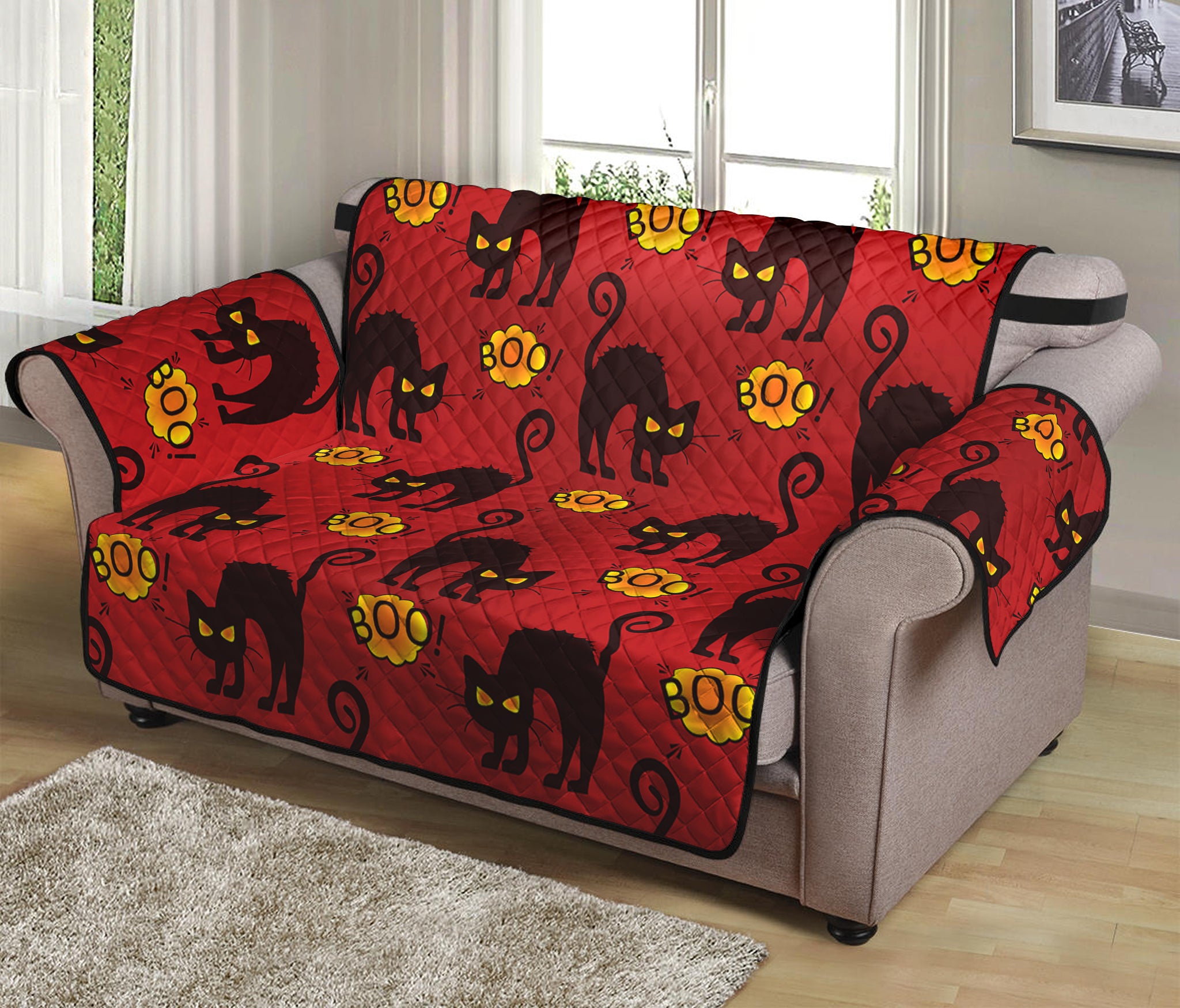 Halloween Black Cat Pattern Print Loveseat Protector