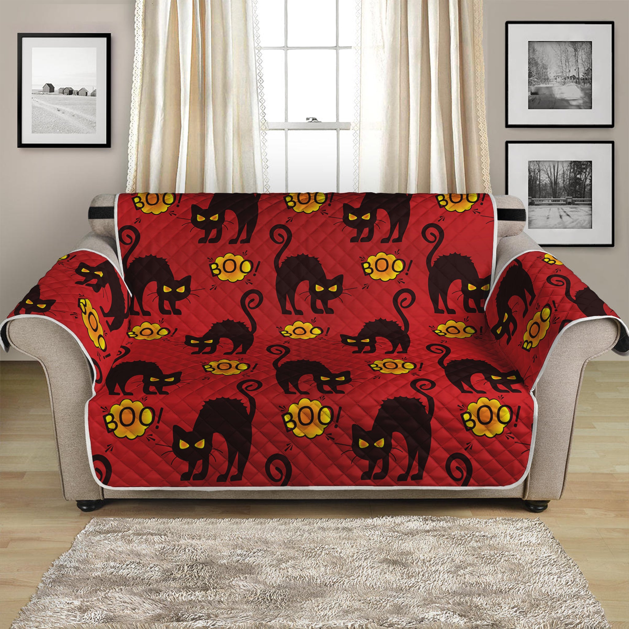 Halloween Black Cat Pattern Print Loveseat Protector