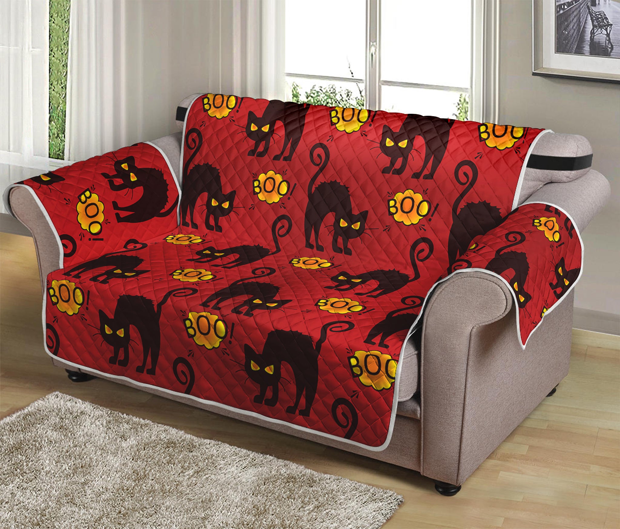 Halloween Black Cat Pattern Print Loveseat Protector