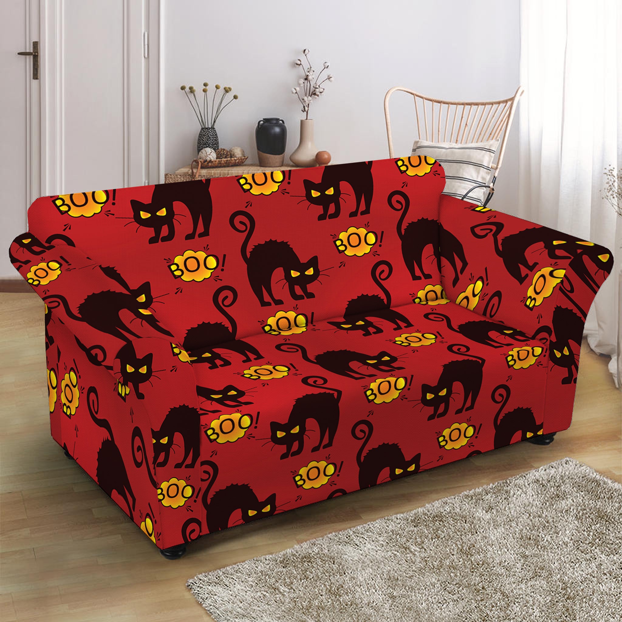 Halloween Black Cat Pattern Print Loveseat Slipcover