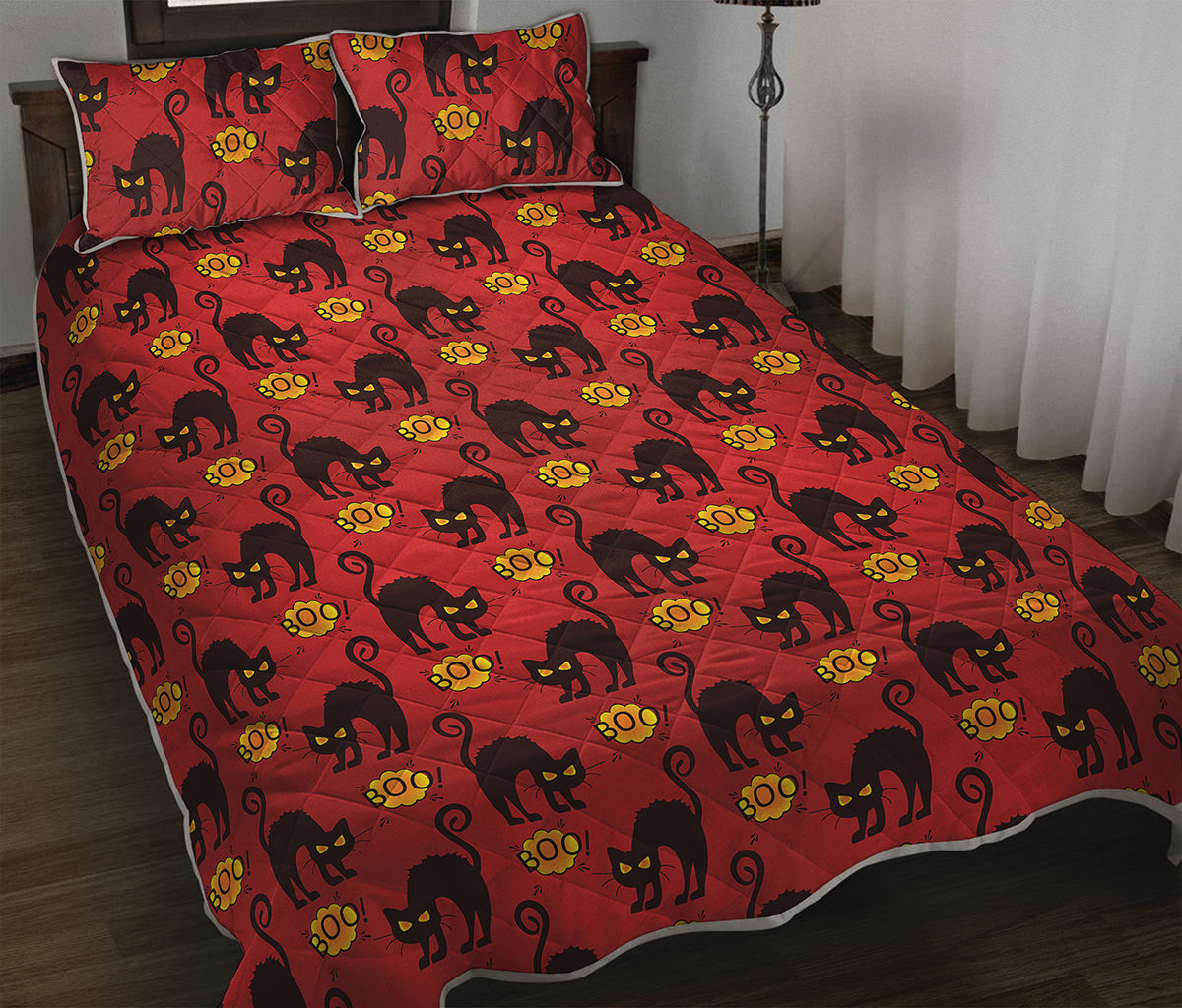 Halloween Black Cat Pattern Print Quilt Bed Set