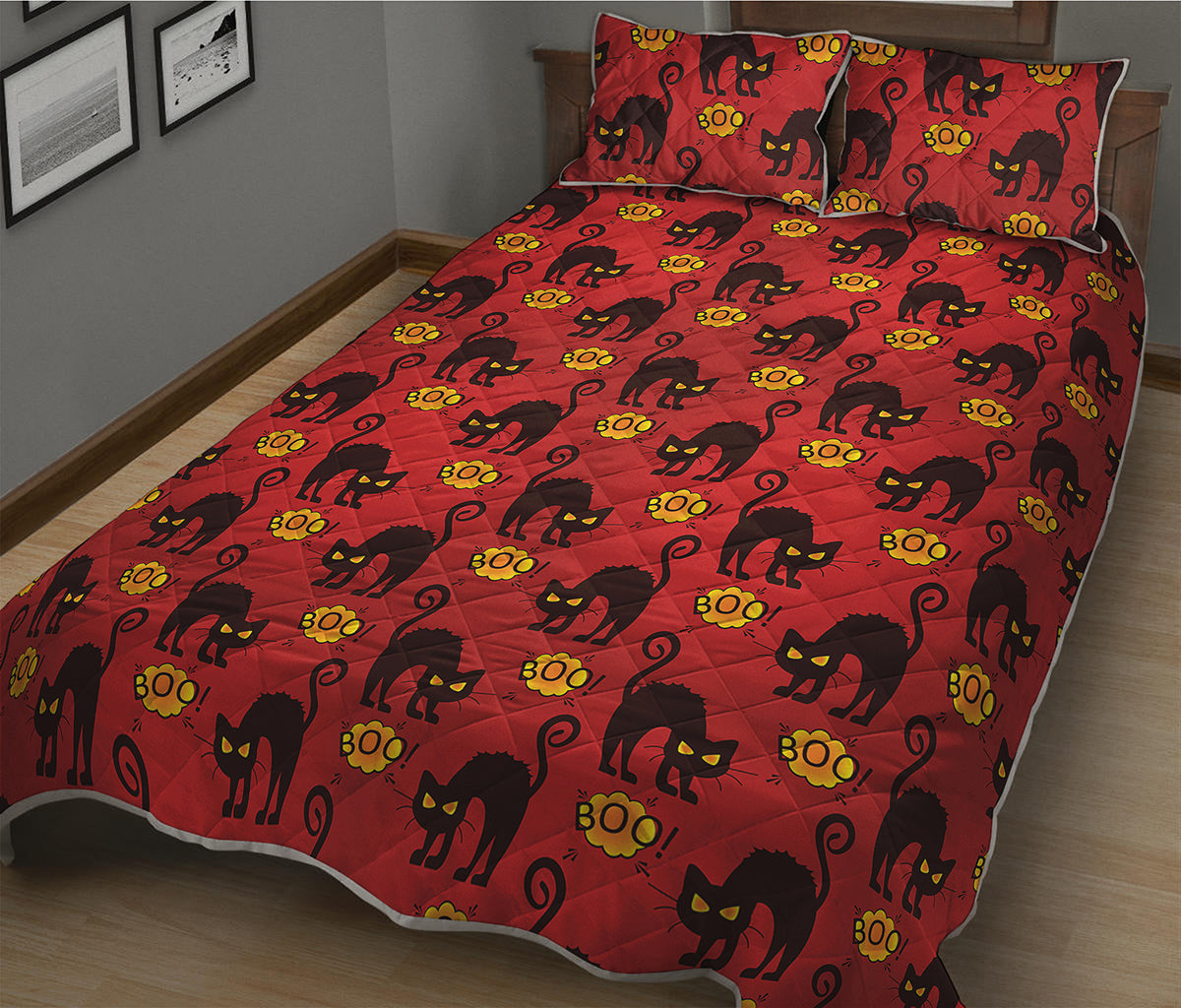 Halloween Black Cat Pattern Print Quilt Bed Set