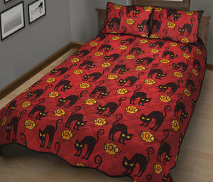 Halloween Black Cat Pattern Print Quilt Bed Set