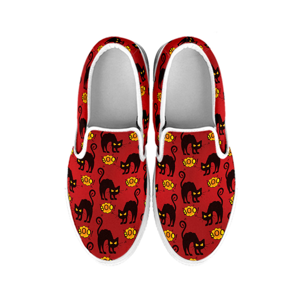 Halloween Black Cat Pattern Print White Slip On Shoes