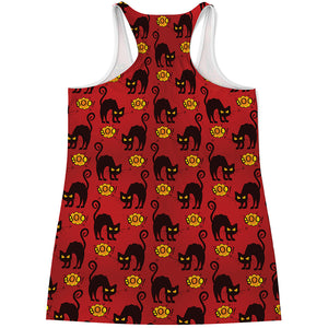 Halloween Black Cat Pattern Print Women's Racerback Tank Top