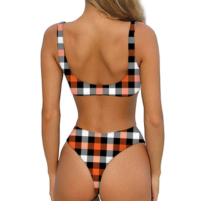Halloween Buffalo Plaid Pattern Print Front Bow Tie Bikini