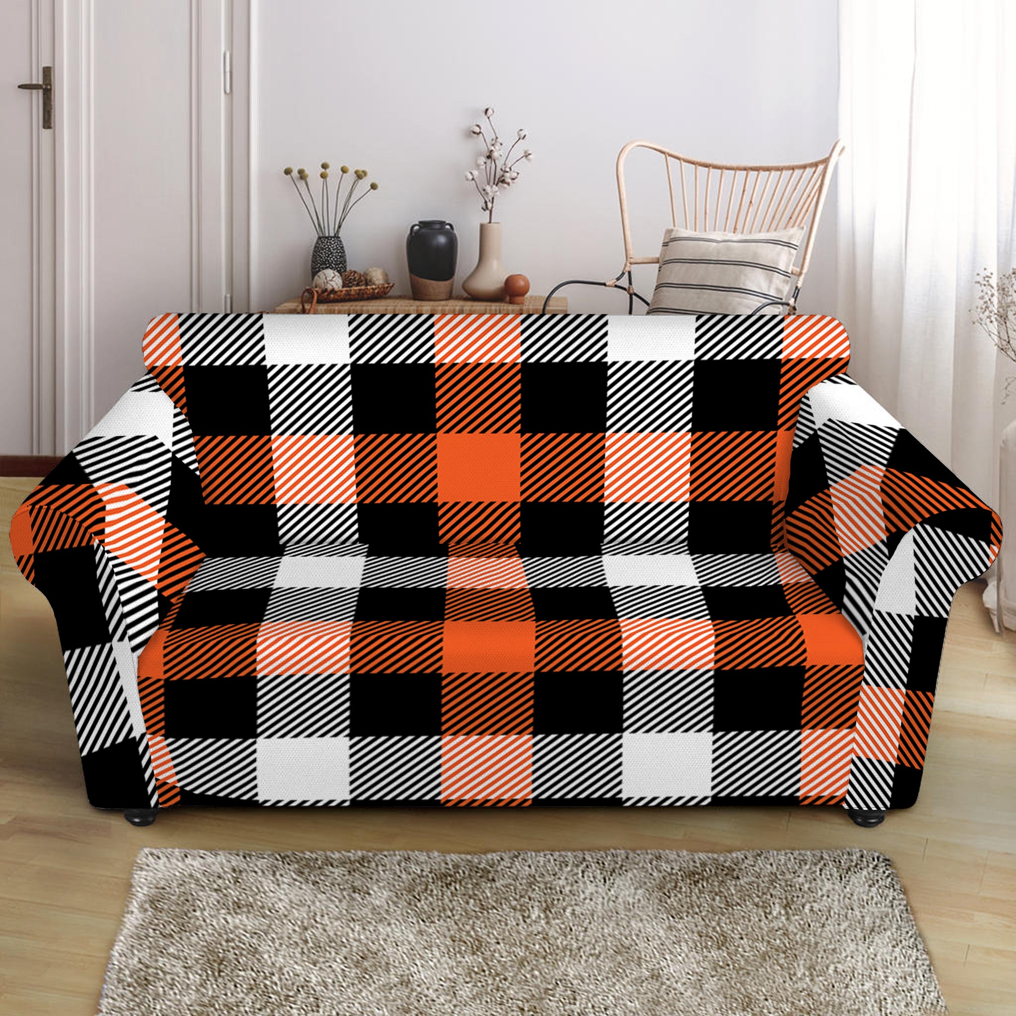 Halloween Buffalo Plaid Pattern Print Loveseat Slipcover