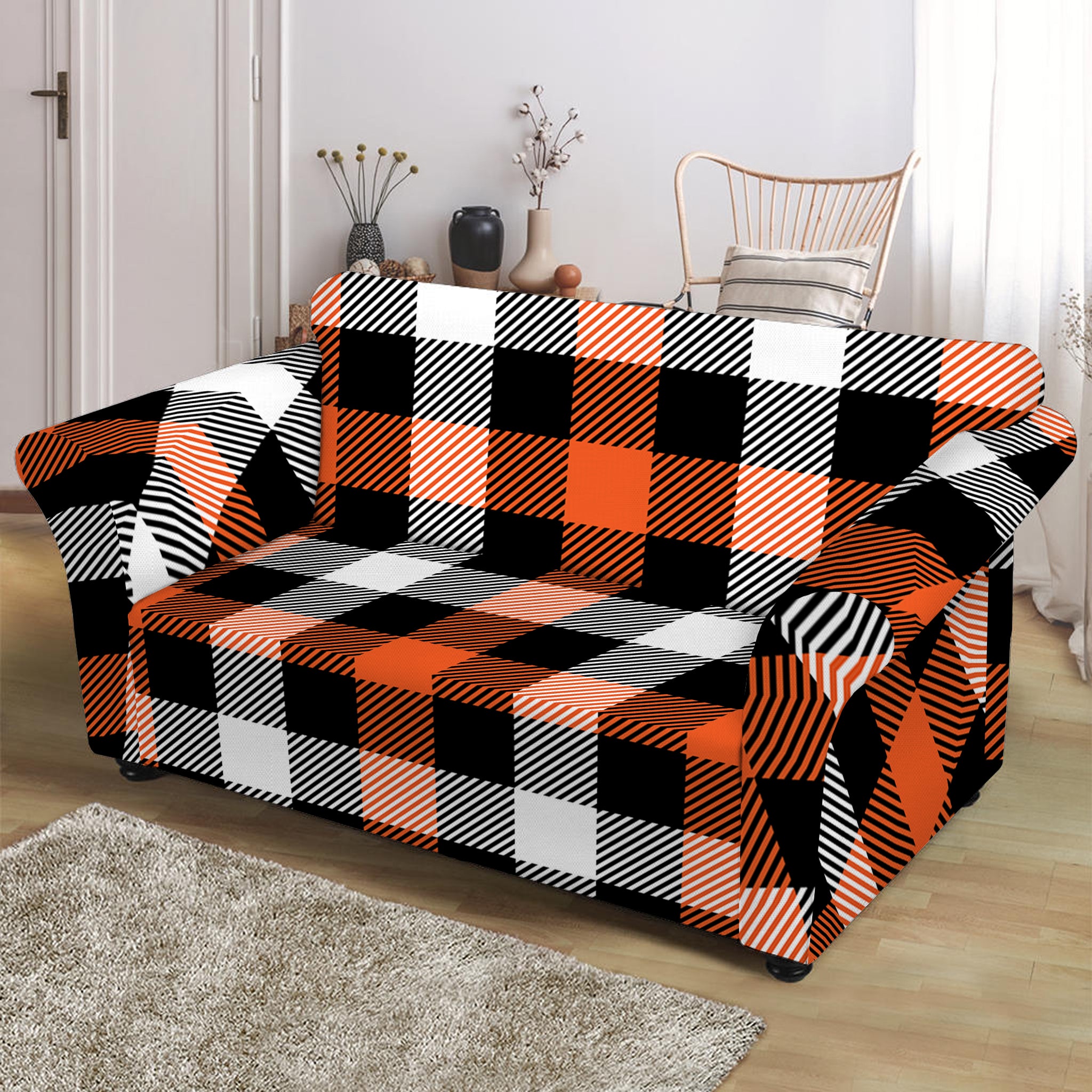 Halloween Buffalo Plaid Pattern Print Loveseat Slipcover