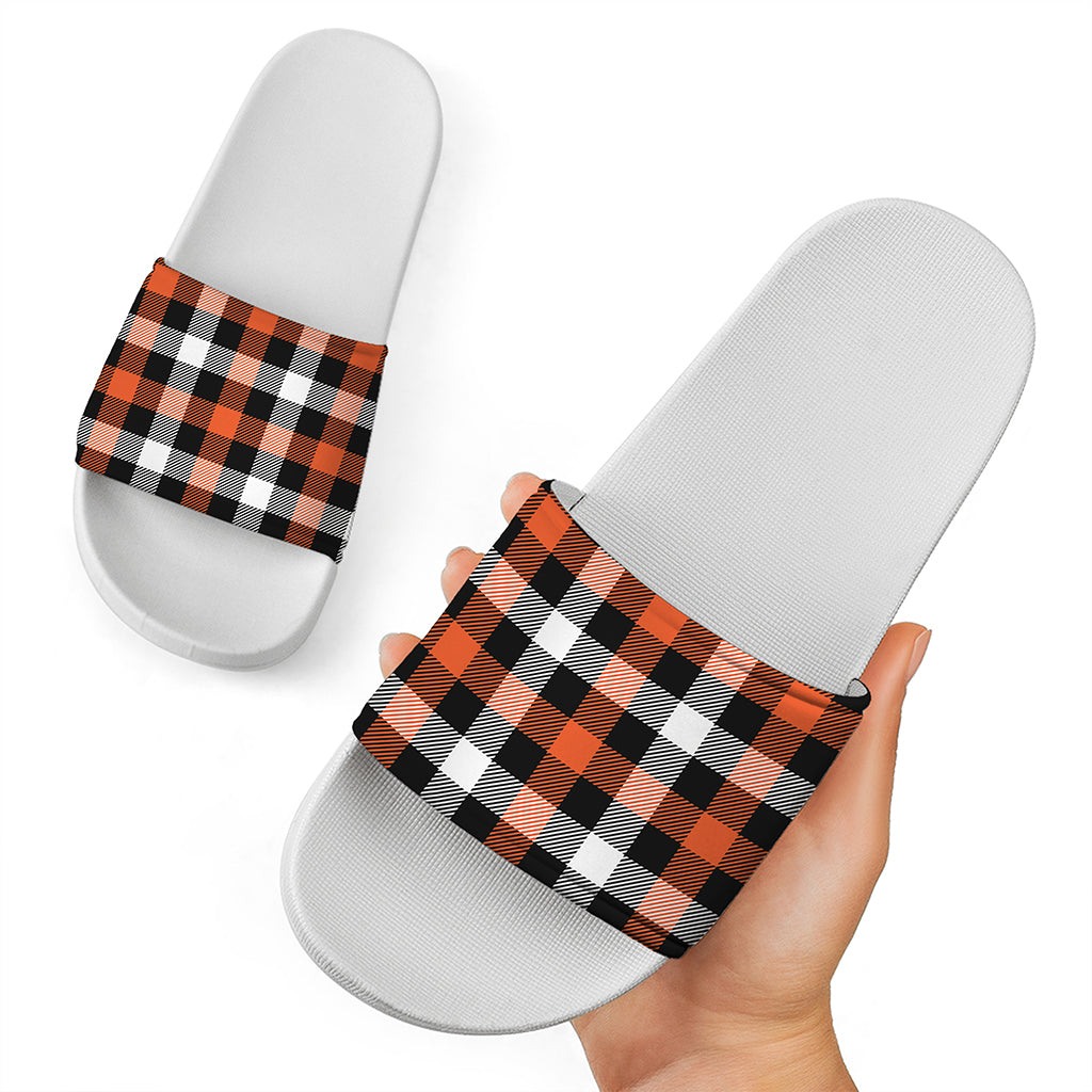 Halloween Buffalo Plaid Pattern Print White Slide Sandals