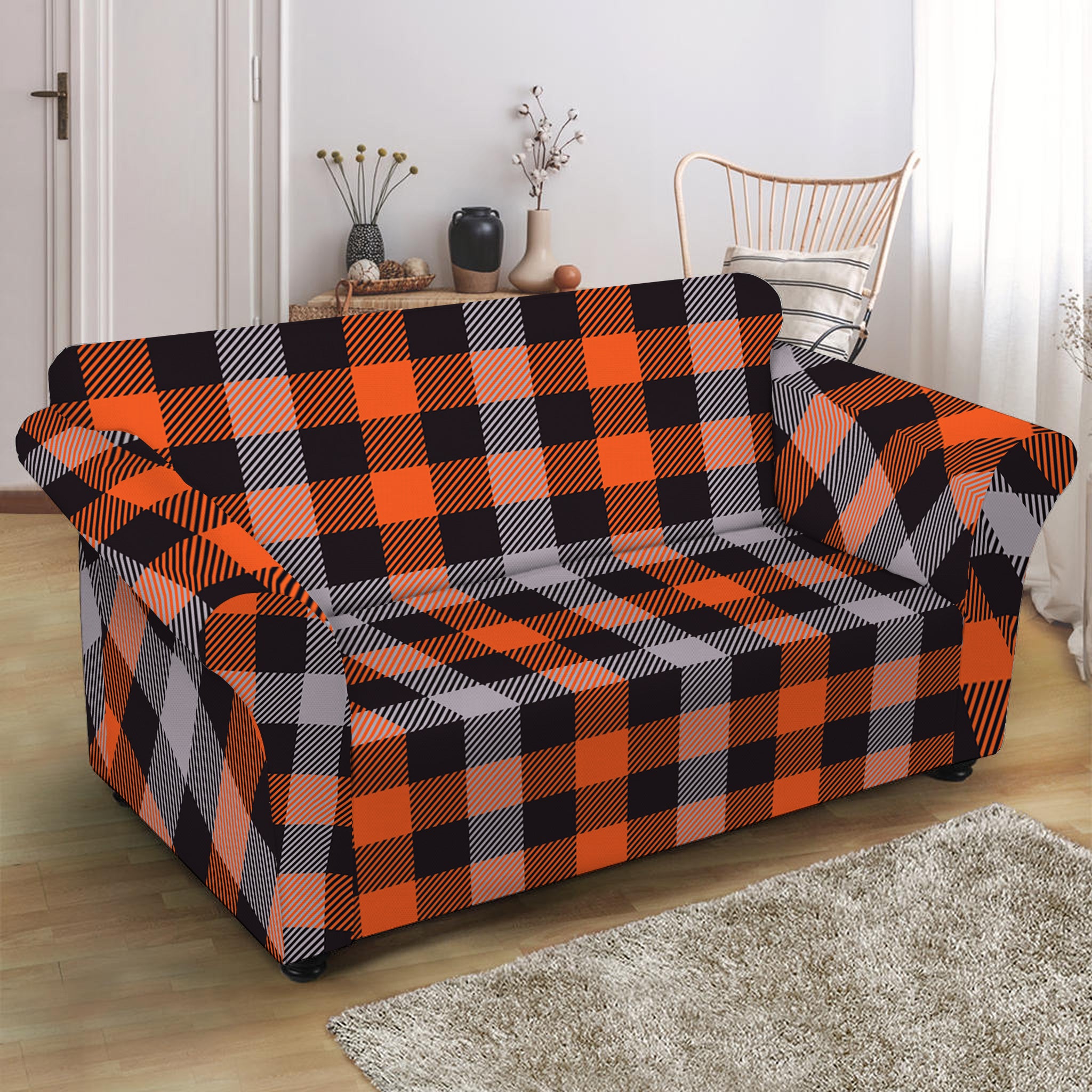 Halloween Buffalo Plaid Print Loveseat Slipcover