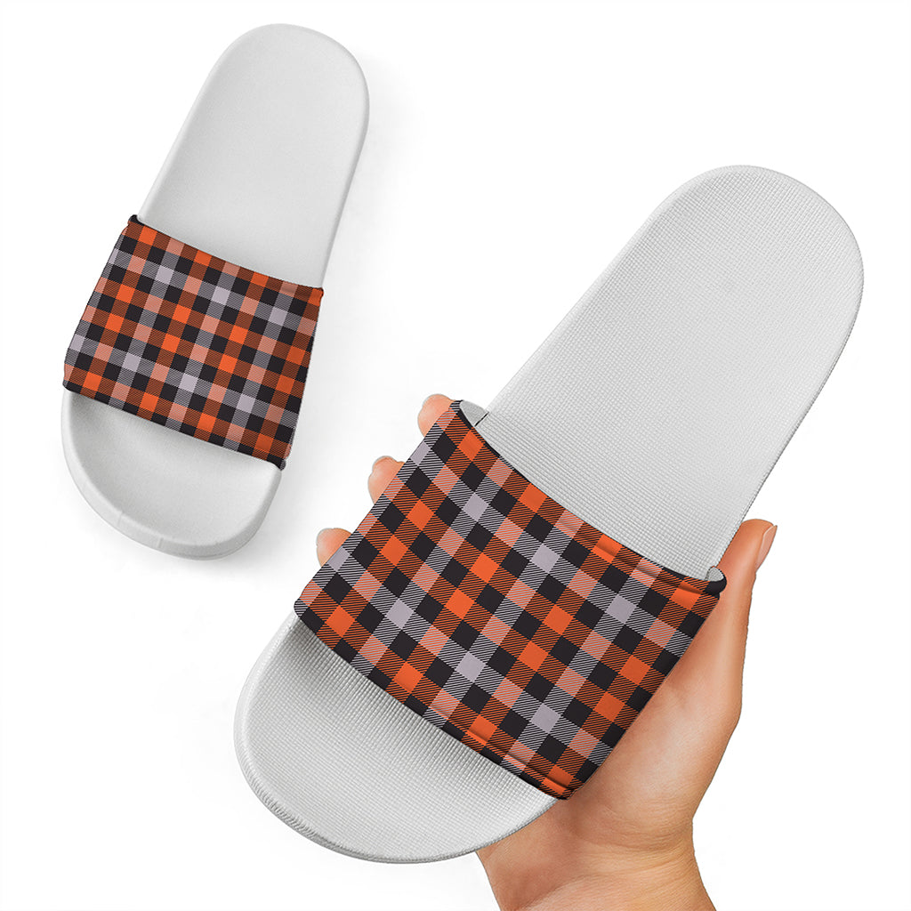 Halloween Buffalo Plaid Print White Slide Sandals