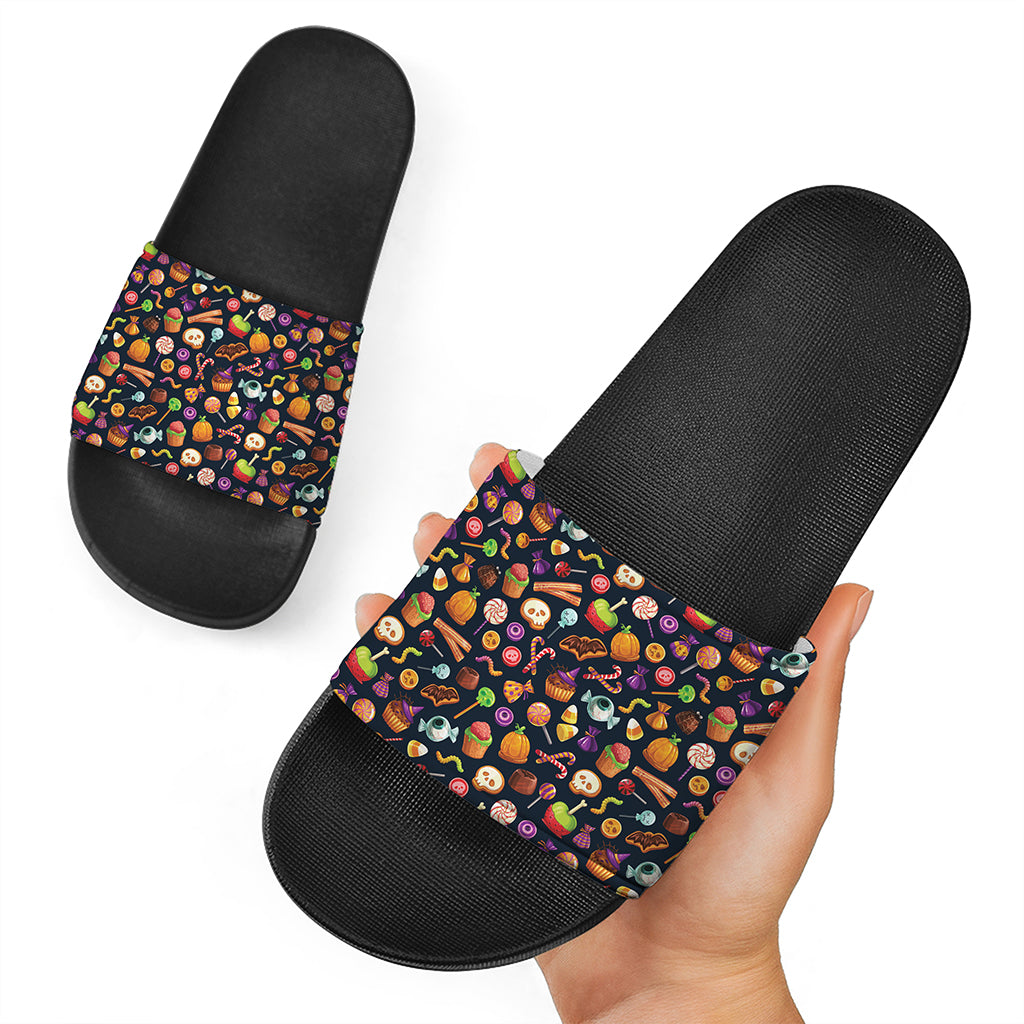 Halloween Candy Pattern Print Black Slide Sandals